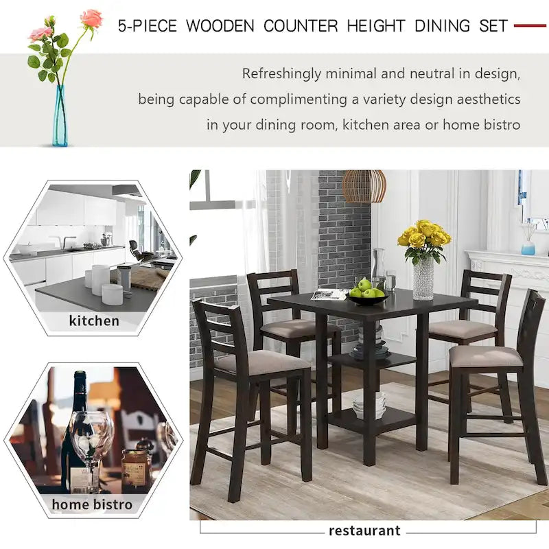 5-Piece Counter Height Wooden Dining Table Set with 4 Chairs & Storage