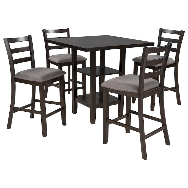 5-Piece Counter Height Wooden Dining Table Set with 4 Chairs & Storage