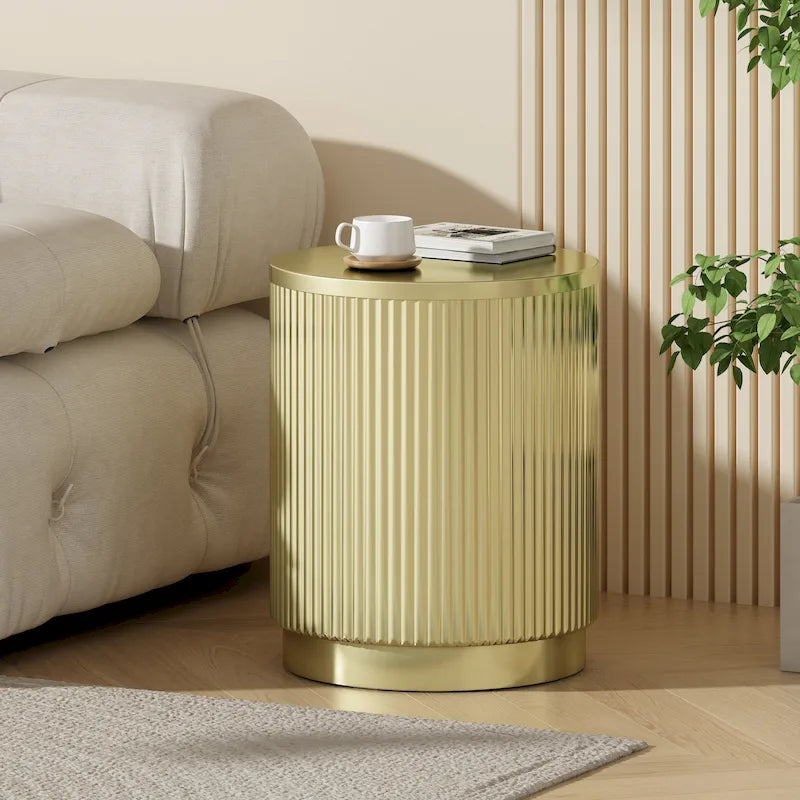 15 Modern Round Side Table with Vertical Stripes and Iron Frame for Living Room or Bedroom