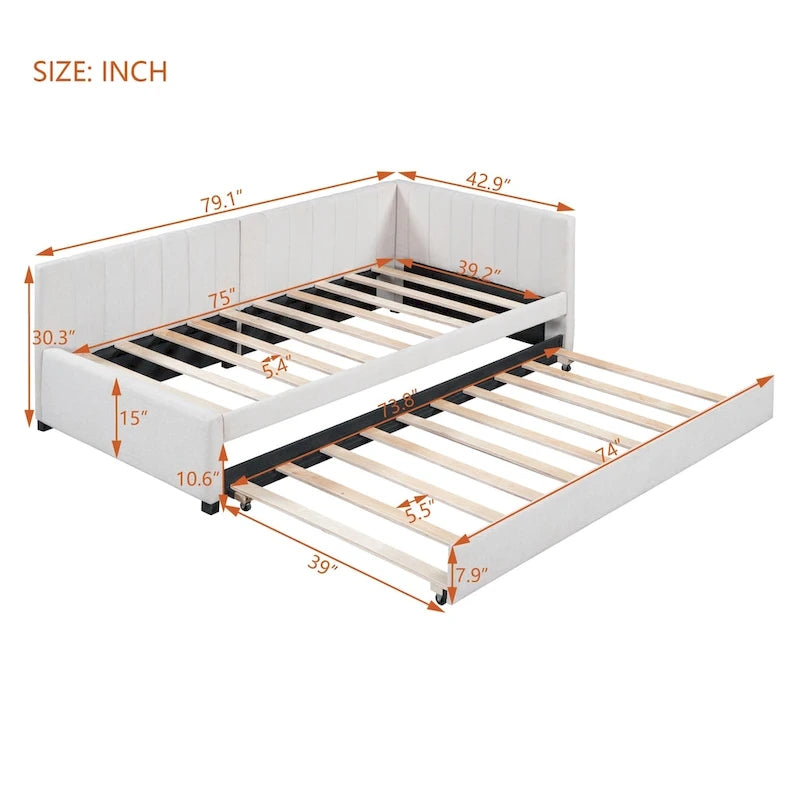 Twin Linen Daybed with Trundle and Semi-Closed Design