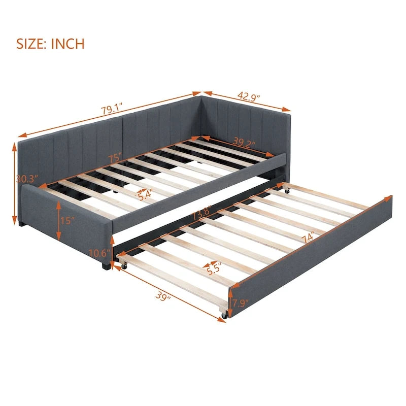 Twin Linen Daybed with Trundle and Semi-Closed Design