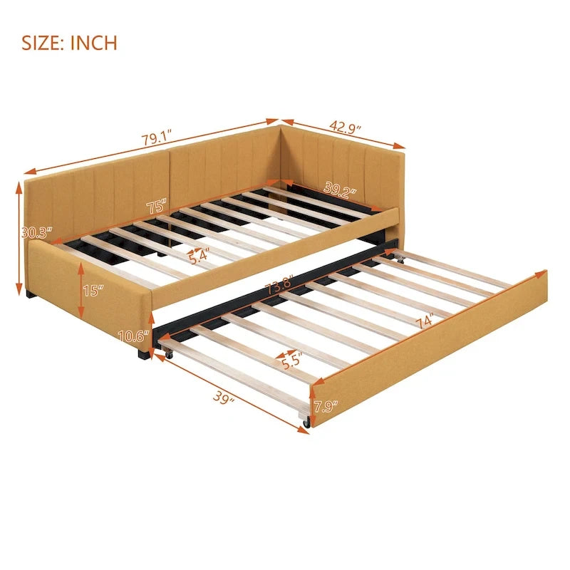 Twin Linen Daybed with Trundle and Semi-Closed Design