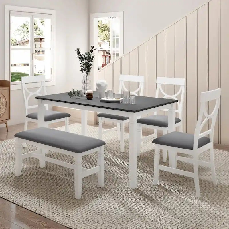 Ensemble de salle à manger en bois 6 pièces « White Farmhouse » avec table rectangulaire et 4 chaises