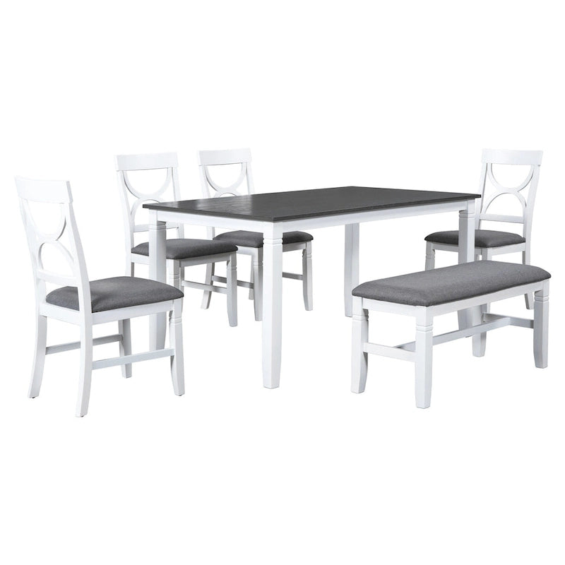 Ensemble de salle à manger en bois 6 pièces « White Farmhouse » avec table rectangulaire et 4 chaises
