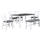 Ensemble de salle à manger en bois 6 pièces « White Farmhouse » avec table rectangulaire et 4 chaises