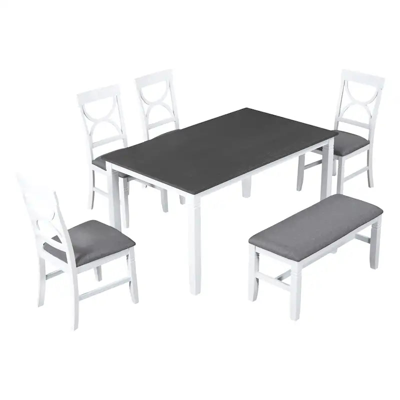 Ensemble de salle à manger en bois 6 pièces « White Farmhouse » avec table rectangulaire et 4 chaises
