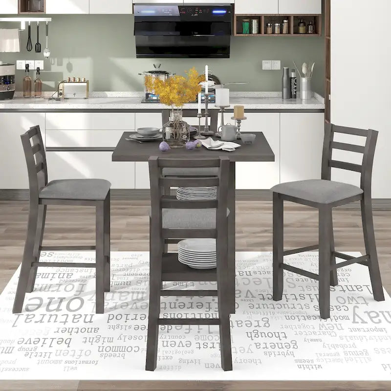 5-Piece Counter Height Wooden Dining Table Set with 4 Chairs & Shelf