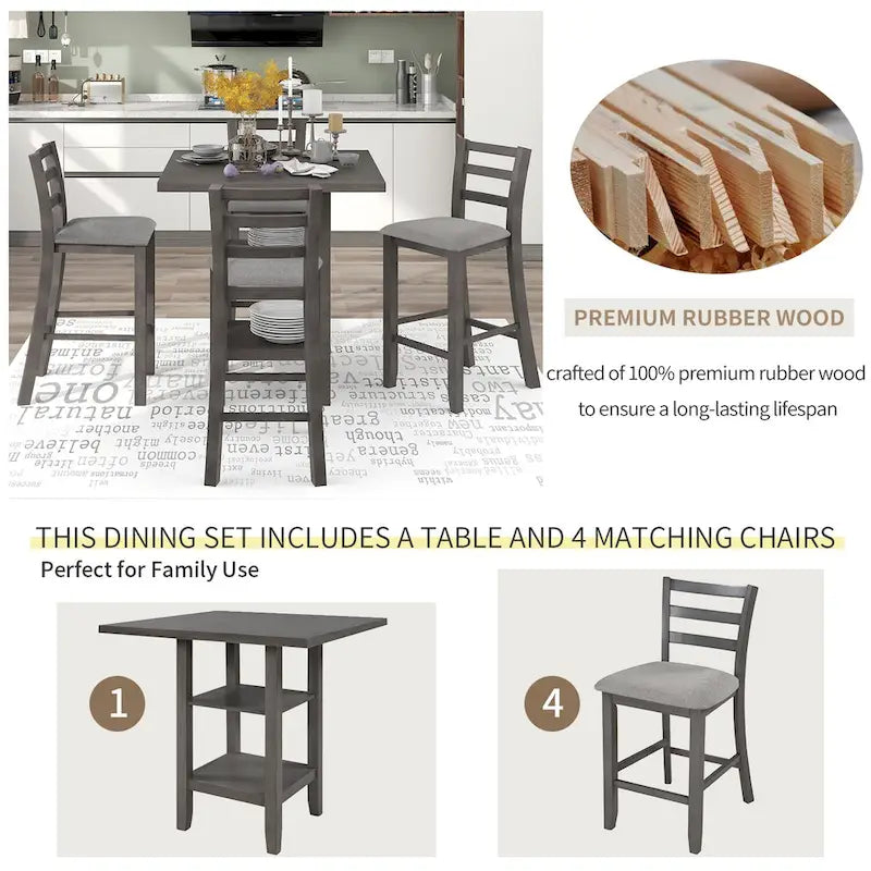 5-Piece Counter Height Wooden Dining Table Set with 4 Chairs & Shelf