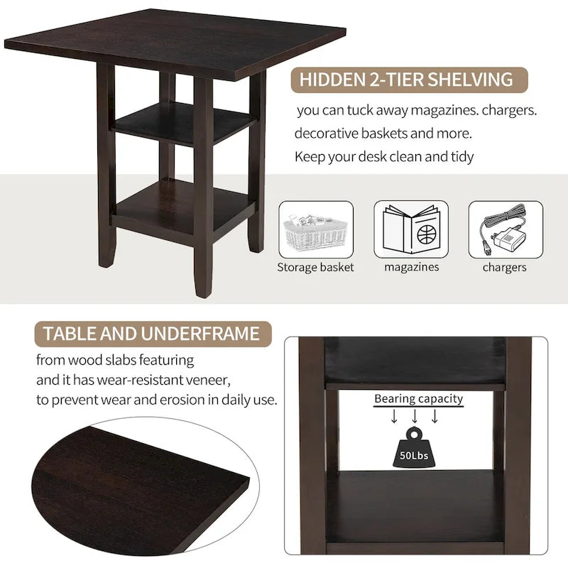 5-Piece Counter Height Wooden Dining Table Set with 4 Chairs & Shelf