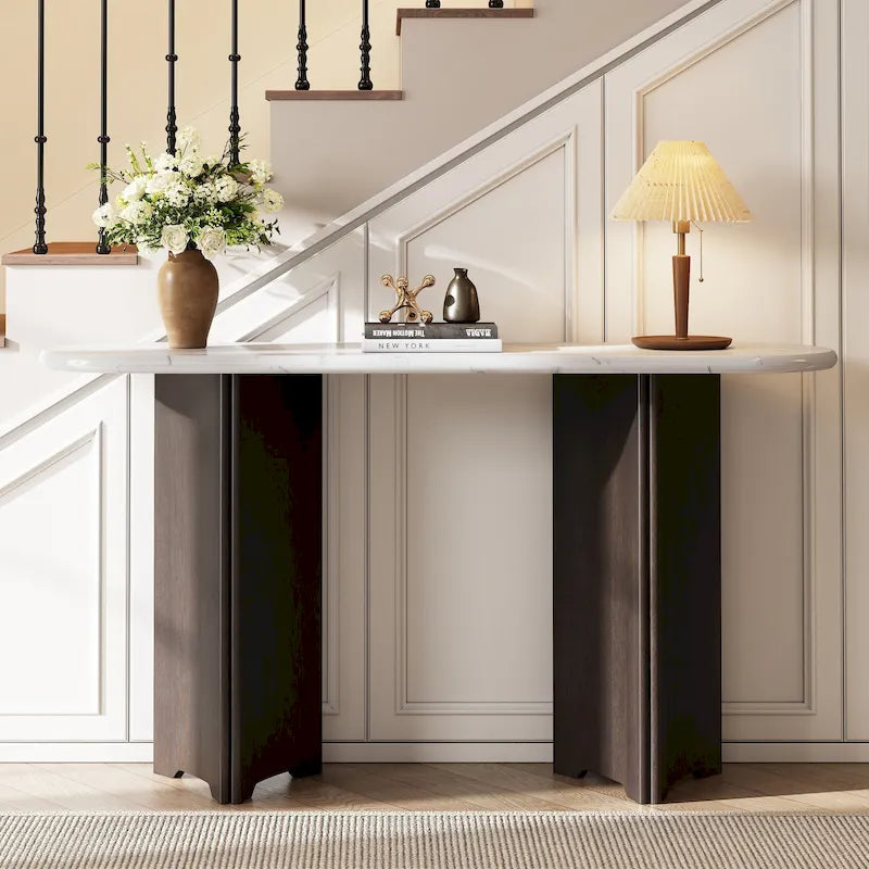 53,9 Table console avec plateau aspect marbre et piètement en bois