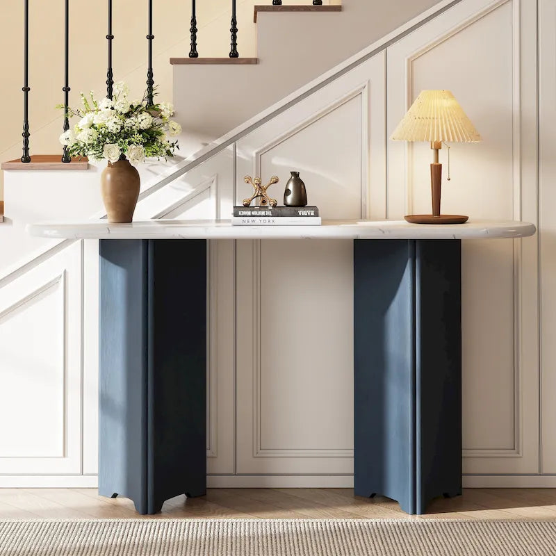 53,9 Table console avec plateau aspect marbre et piètement en bois