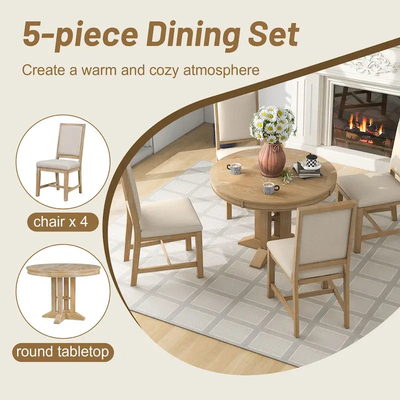 Ensemble de salle à manger 5 pièces en bois avec table ronde extensible et 4 chaises