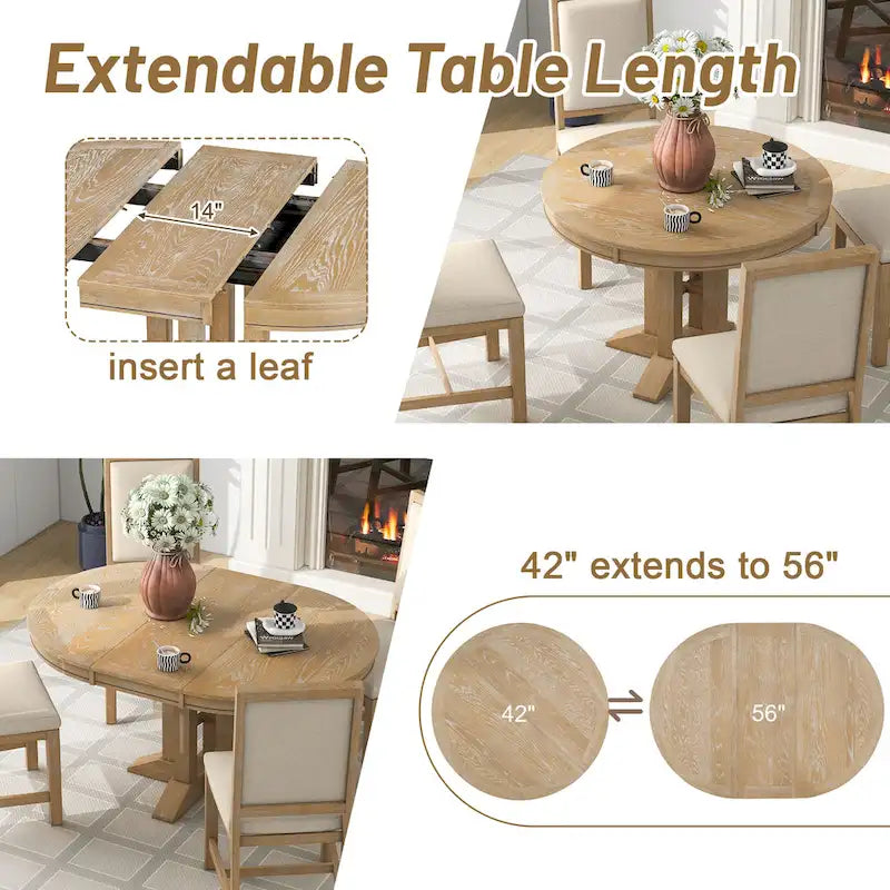 Ensemble de salle à manger 5 pièces en bois avec table ronde extensible et 4 chaises
