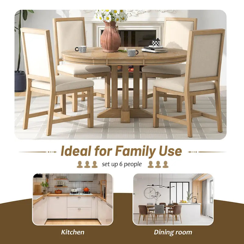 Ensemble de salle à manger 5 pièces en bois avec table ronde extensible et 4 chaises