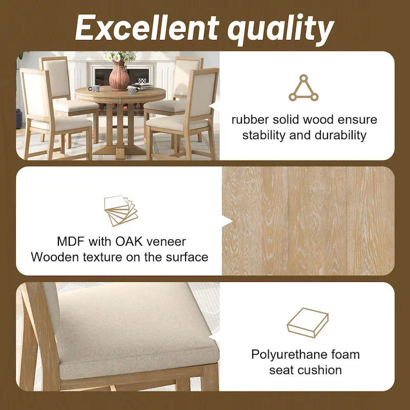 Ensemble de salle à manger 5 pièces en bois avec table ronde extensible et 4 chaises