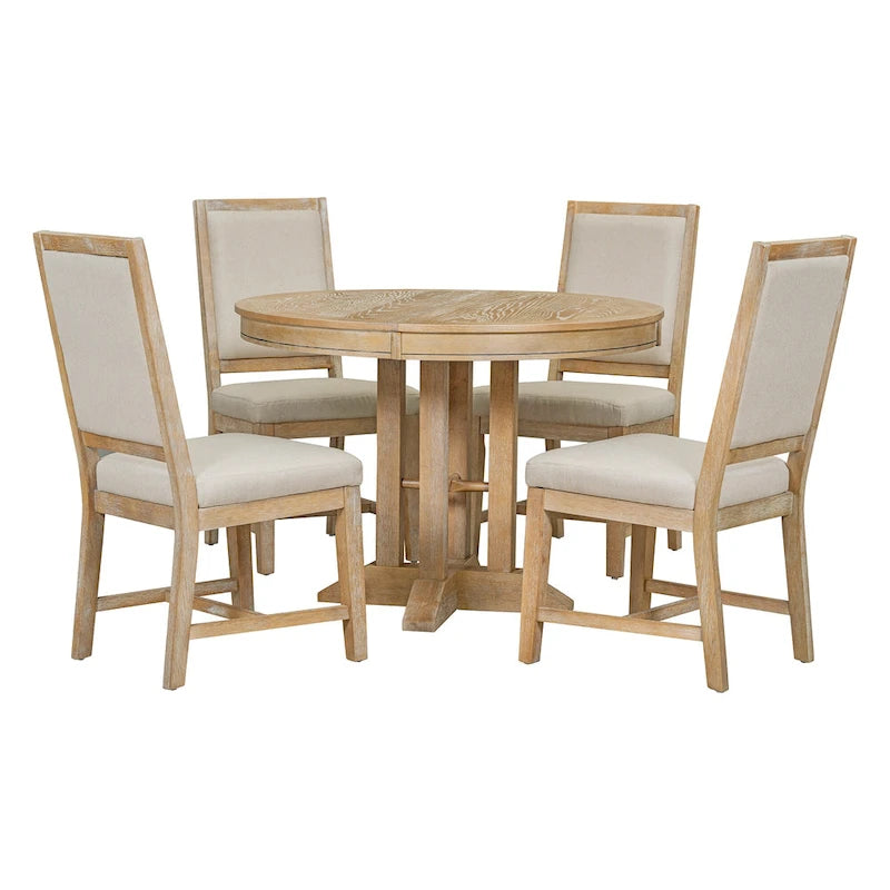 Ensemble de salle à manger 5 pièces en bois avec table ronde extensible et 4 chaises