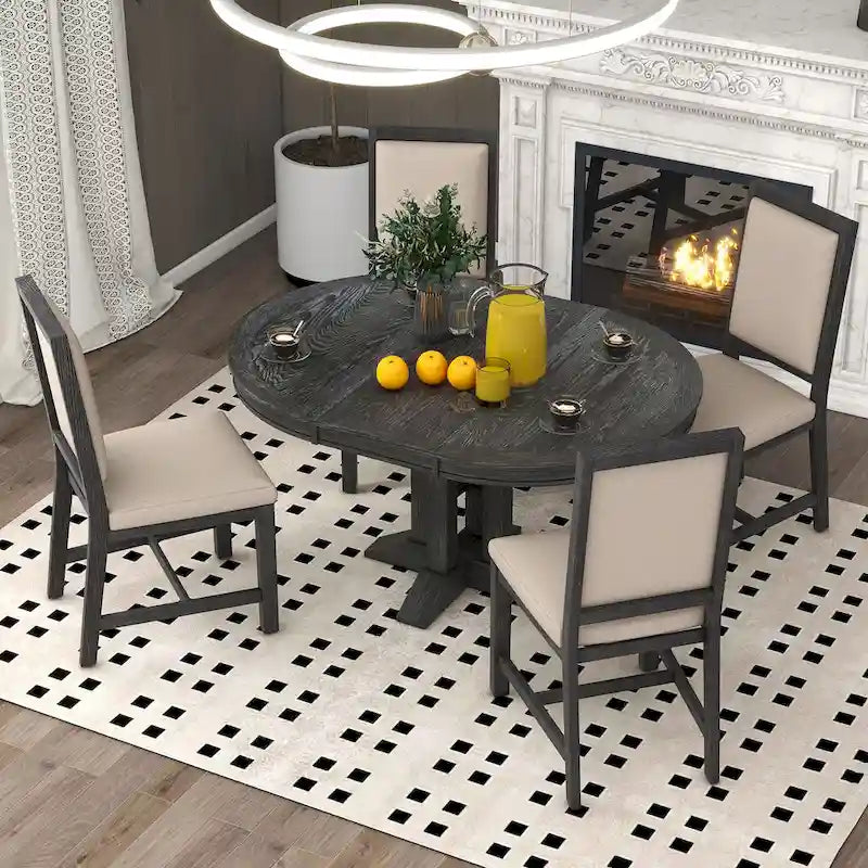 Ensemble de salle à manger 5 pièces en bois avec table ronde extensible et 4 chaises