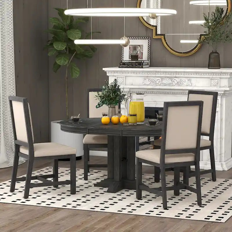 Ensemble de salle à manger 5 pièces en bois avec table ronde extensible et 4 chaises