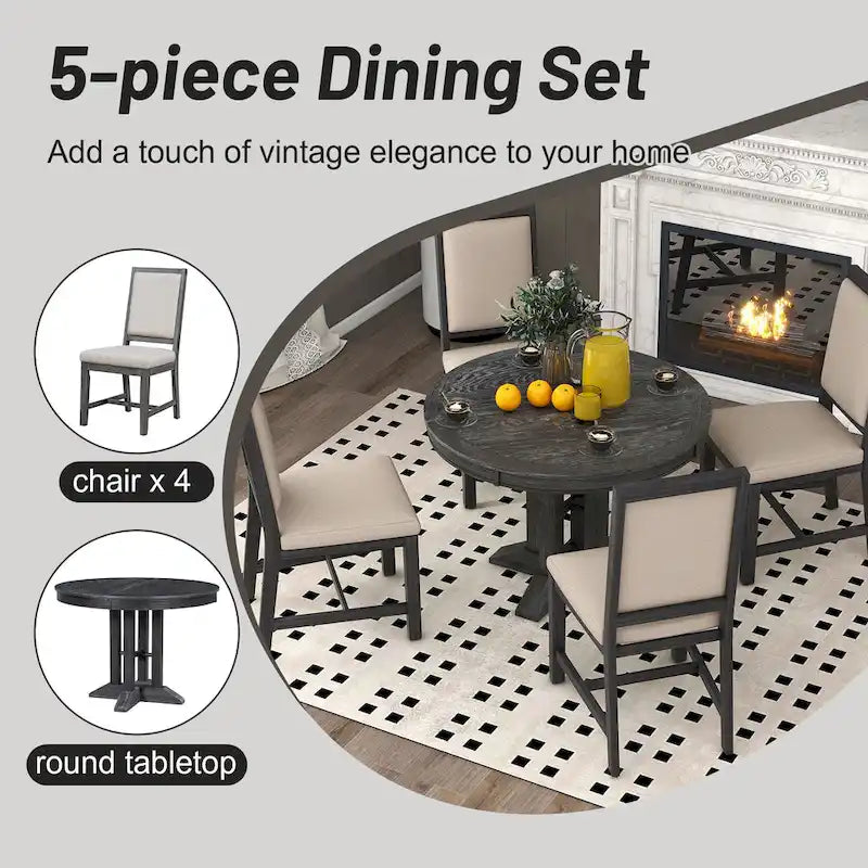 Ensemble de salle à manger 5 pièces en bois avec table ronde extensible et 4 chaises
