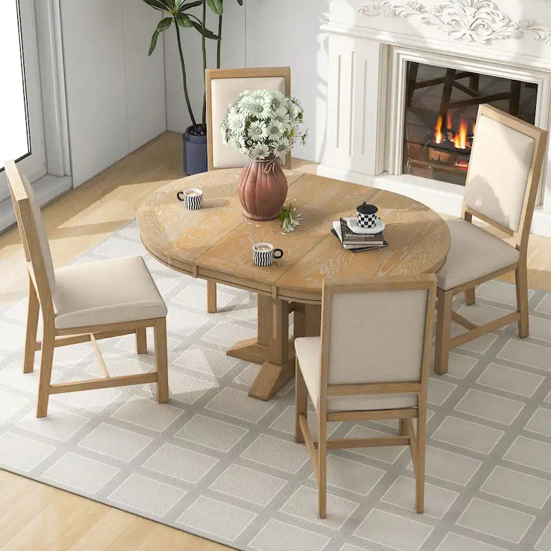 Ensemble de salle à manger 5 pièces en bois avec table ronde extensible et 4 chaises