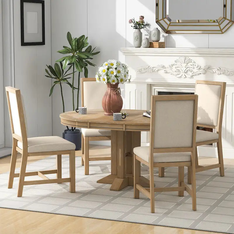 Ensemble de salle à manger 5 pièces en bois avec table ronde extensible et 4 chaises