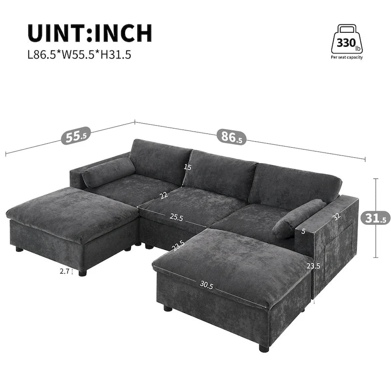 Canapé modulaire en chenille 86,5 avec pochettes de rangement, poufs mobiles