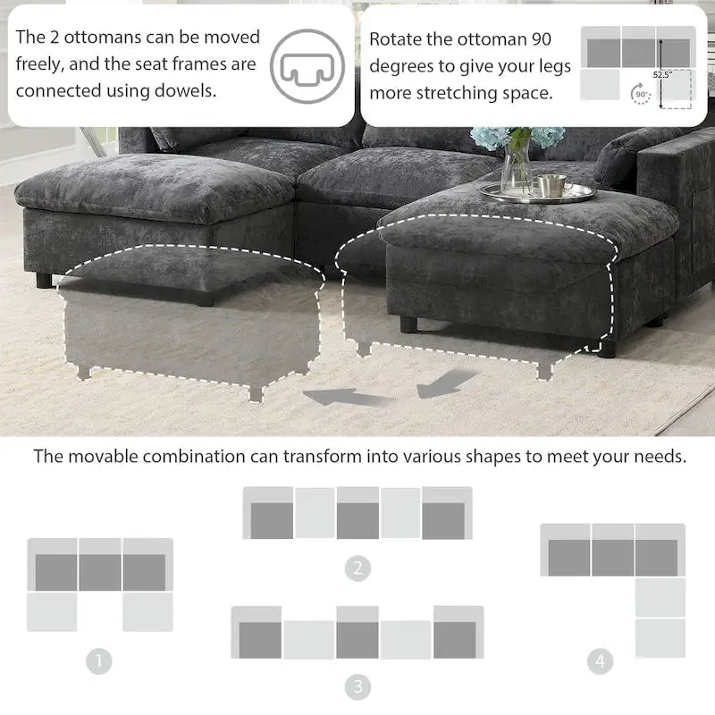 Canapé modulaire en chenille 86,5 avec pochettes de rangement, poufs mobiles