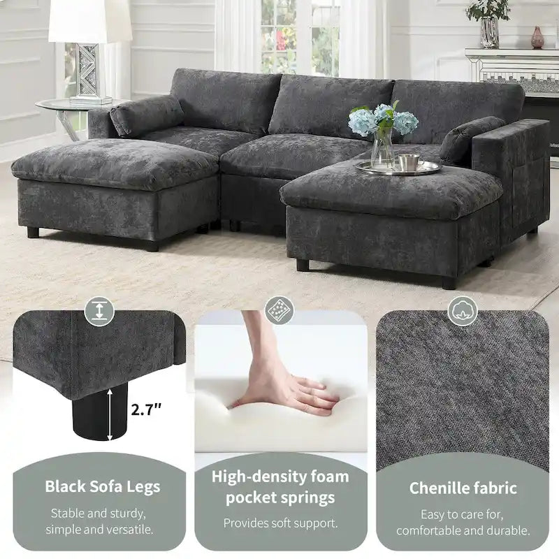 Canapé modulaire en chenille 86,5 avec pochettes de rangement, poufs mobiles