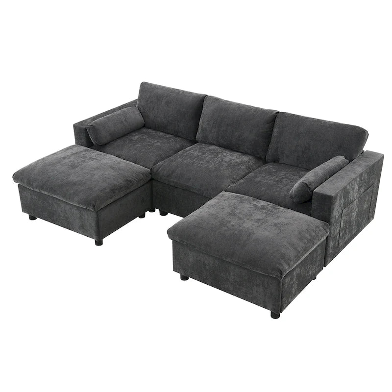 Canapé modulaire en chenille 86,5 avec pochettes de rangement, poufs mobiles