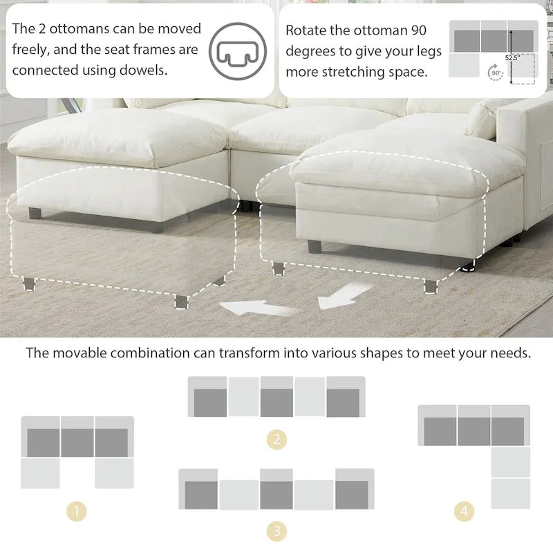 Canapé modulaire en chenille 86,5 avec pochettes de rangement, poufs mobiles