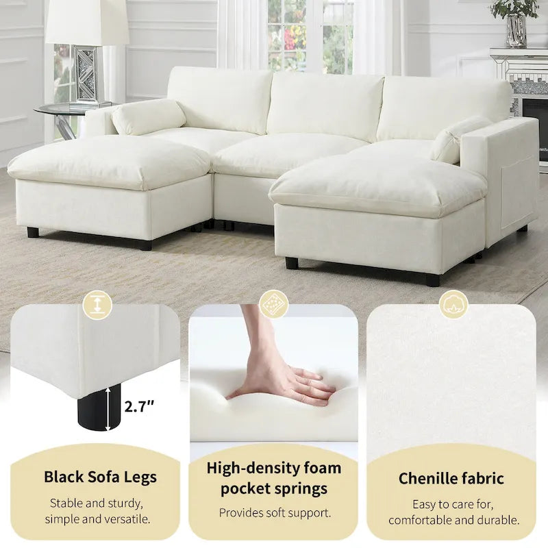 Canapé modulaire en chenille 86,5 avec pochettes de rangement, poufs mobiles