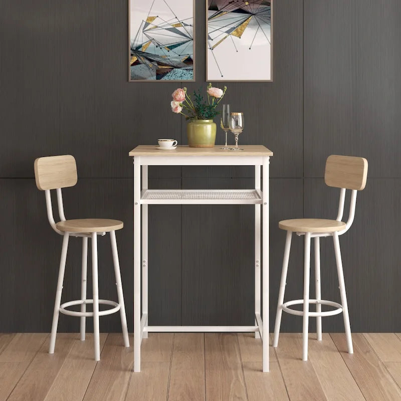 Ensemble de salle à manger moderne 3 pièces avec table carrée, séparation et 2 tabourets de bar