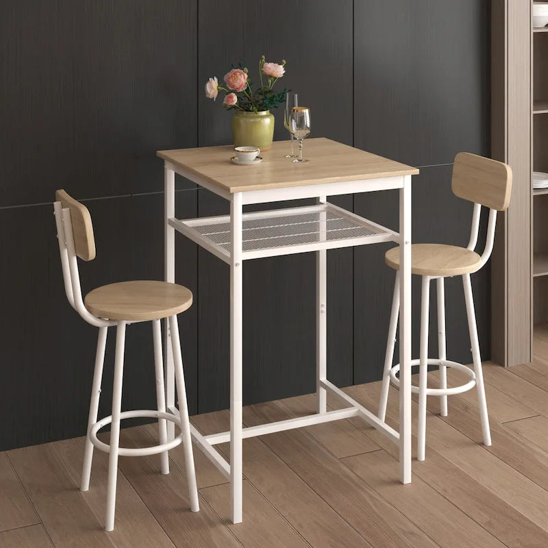 Ensemble de salle à manger moderne 3 pièces avec table carrée, séparation et 2 tabourets de bar