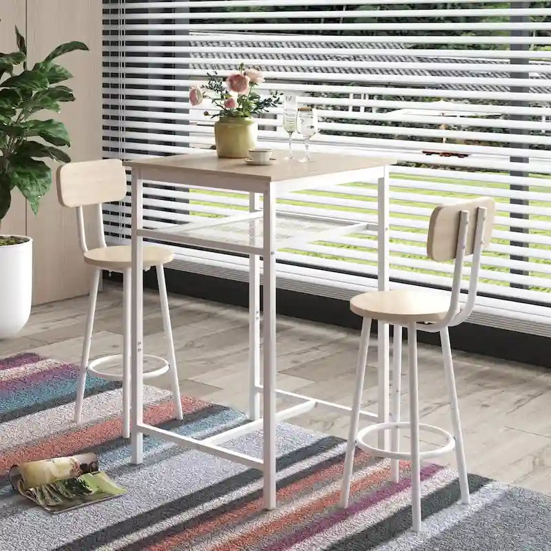 Ensemble de salle à manger moderne 3 pièces avec table carrée, séparation et 2 tabourets de bar