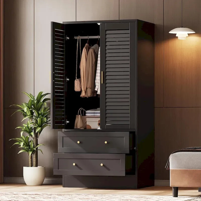 Armoire Closet with 2 Shutter Doors,Hanging Rods and 2 Drawers