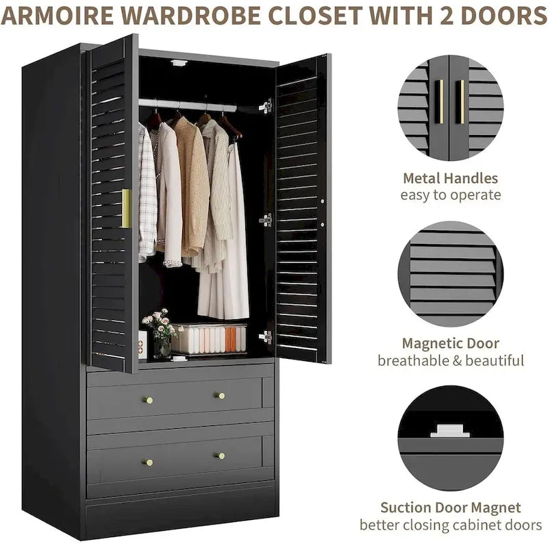 Armoire Closet with 2 Shutter Doors,Hanging Rods and 2 Drawers