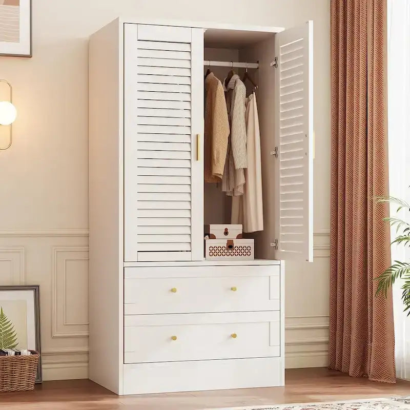 Armoire Closet with 2 Shutter Doors,Hanging Rods and 2 Drawers
