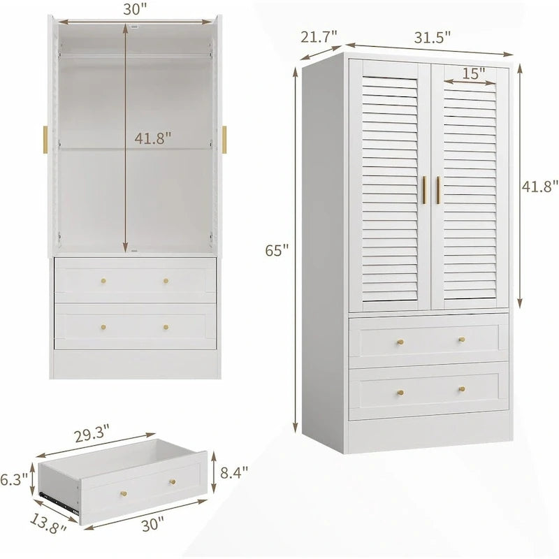 Armoire Closet with 2 Shutter Doors,Hanging Rods and 2 Drawers