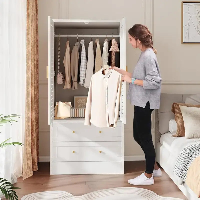 Armoire Closet with 2 Shutter Doors,Hanging Rods and 2 Drawers