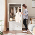 Armoire Closet with 2 Shutter Doors,Hanging Rods and 2 Drawers