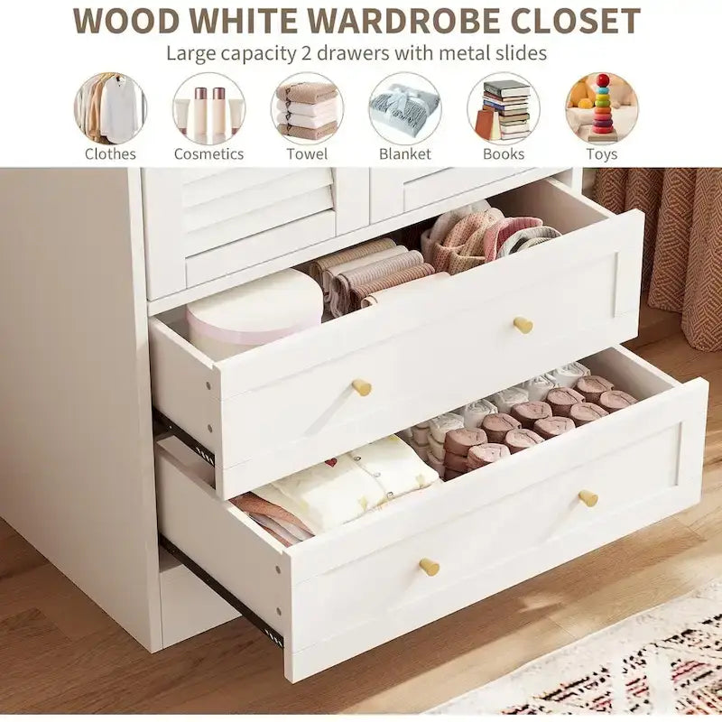 Armoire Closet with 2 Shutter Doors,Hanging Rods and 2 Drawers