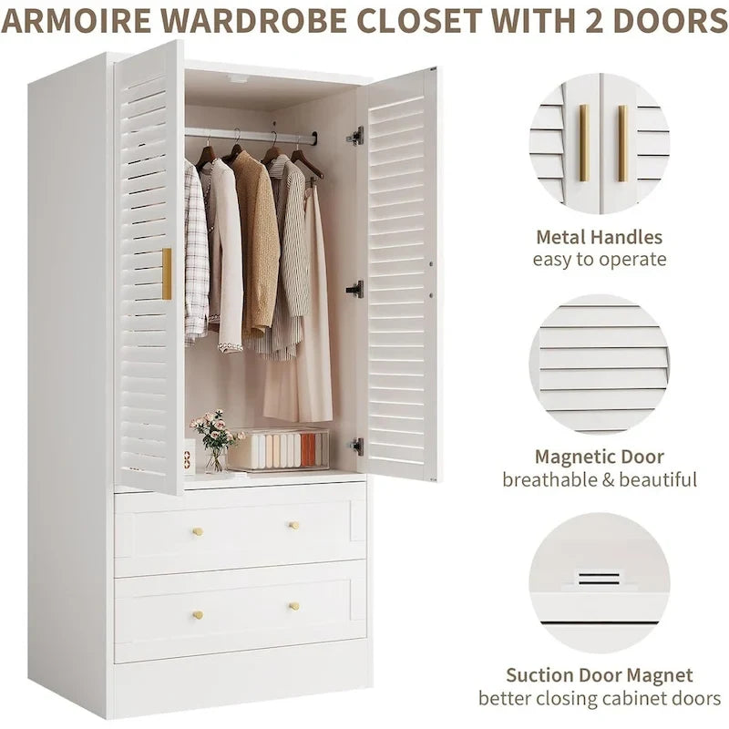 Armoire Closet with 2 Shutter Doors,Hanging Rods and 2 Drawers