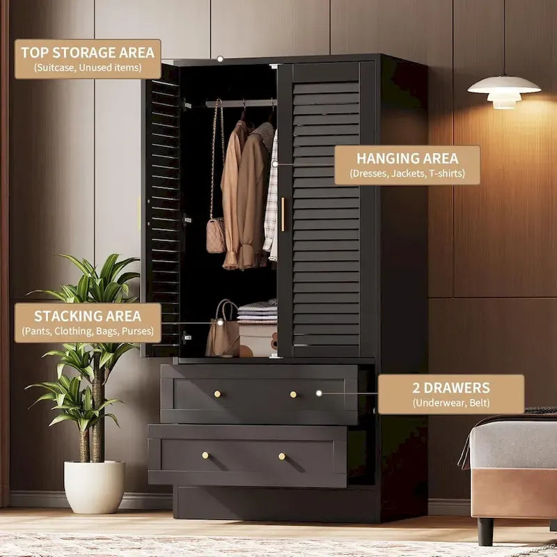 Armoire Closet with 2 Shutter Doors,Hanging Rods and 2 Drawers