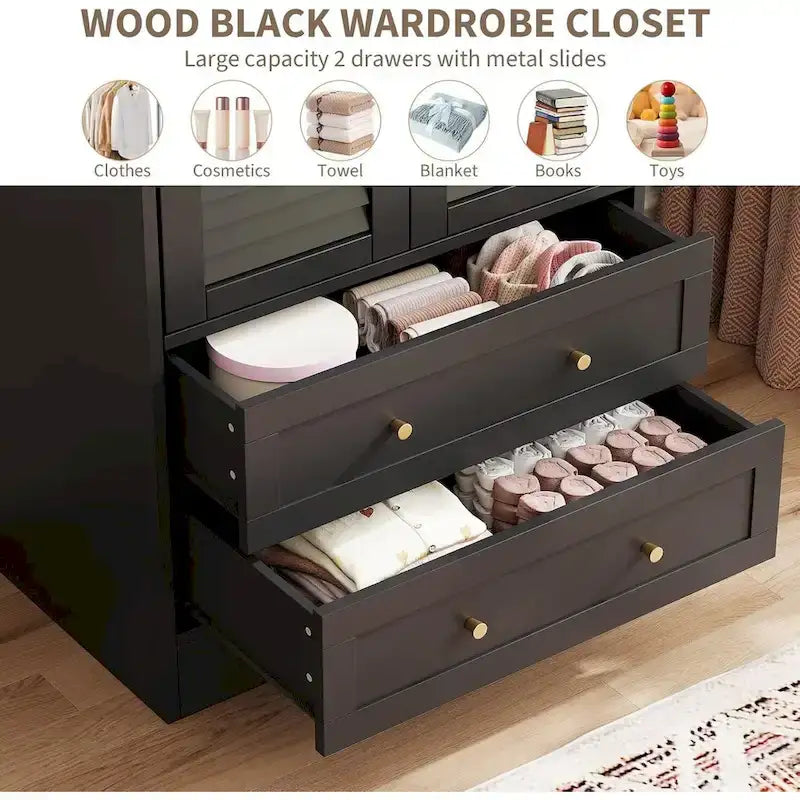 Armoire Closet with 2 Shutter Doors,Hanging Rods and 2 Drawers