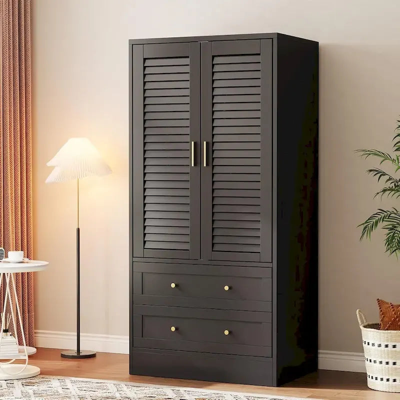 Armoire Closet with 2 Shutter Doors,Hanging Rods and 2 Drawers