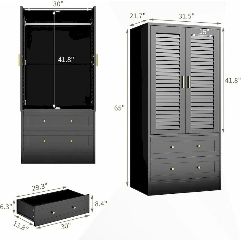 Armoire Closet with 2 Shutter Doors,Hanging Rods and 2 Drawers