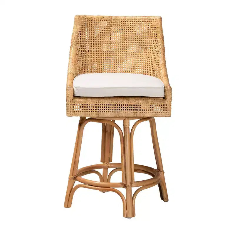 Baxton Studio Bella Rattan Counter Height Barstool Natural Brown/White : Upholstered Polyester, Mahogany Frame, No Assembly Required