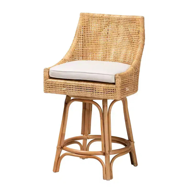 Baxton Studio Bella Tabouret de bar hauteur comptoir en rotin marron naturel/blanc : Polyester rembourré, cadre en acajou, aucun assemblage requis