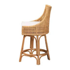 Baxton Studio Bella Tabouret de bar hauteur comptoir en rotin marron naturel/blanc : Polyester rembourré, cadre en acajou, aucun assemblage requis
