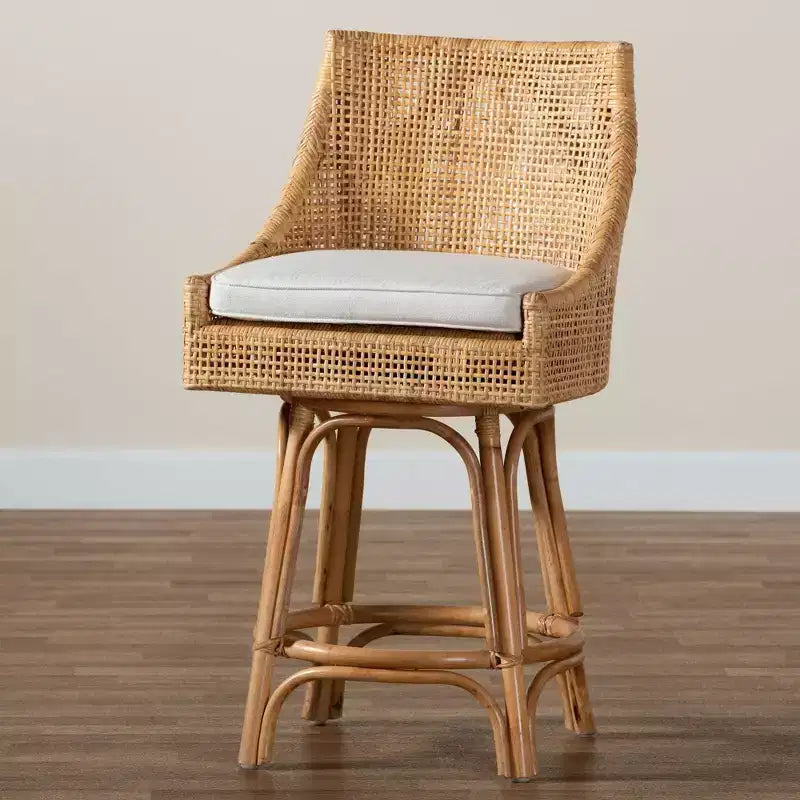Baxton Studio Bella Tabouret de bar hauteur comptoir en rotin marron naturel/blanc : Polyester rembourré, cadre en acajou, aucun assemblage requis